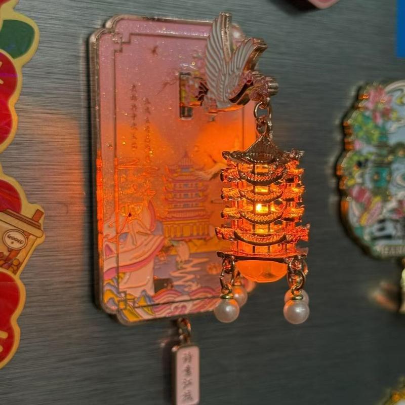 Luminous Yellow Crane Tower Fridge Magnet – Festive LED Décor & Gift Set